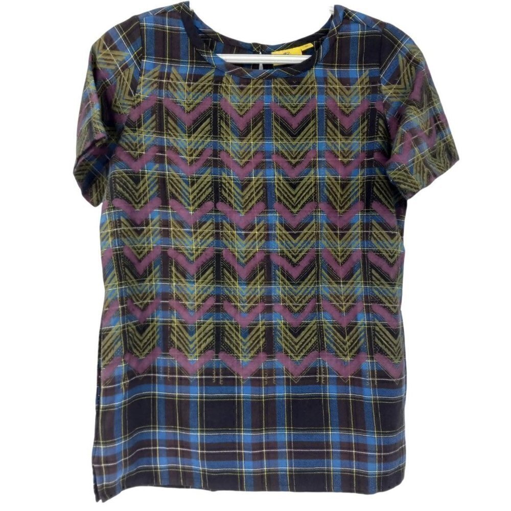 Roberta Roller Rabbit Laird Highland Plaid Chevron Top Artsy Crewneck Keyhole XS